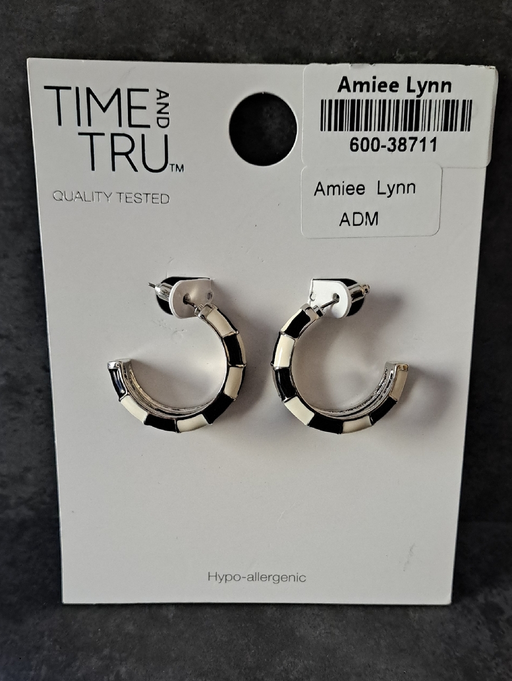Time and Tru Black and White Enamel Half-Hoop Earrings